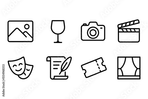 Entertainment and arts icons collection featuring wine, camera, theater, and film elements, vector illustration