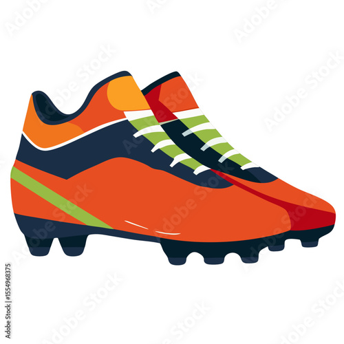 Illustration of orange, navy blue and green soccer boots, with clear laces, presented on transparent background.