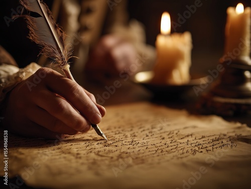 Declaration Signing Reenactment: Quill Pen and Parchment Close-Up with War Candle Lighting in Muted Tones - Raw Style Historical Asset for Textbooks