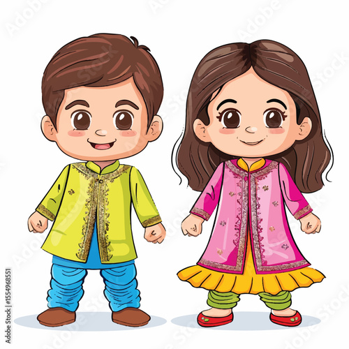 Adorable Cartoon Children in Traditional Outfits Smiling and Standing Together (1)
