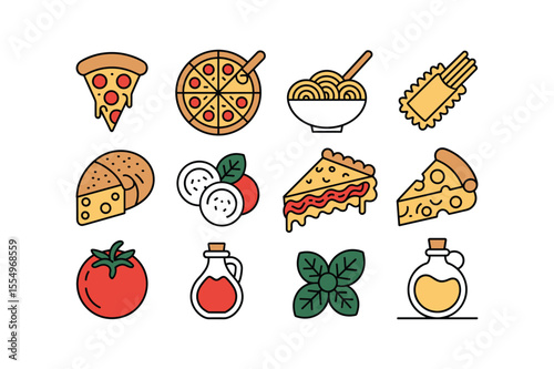 Italian Food Icons Pizza Pasta Cheese Tomato Basil Olive Oil Set vector