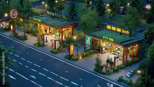 Wallpaper Mural Night view of two roadside charging stations with solar roofs, landscaping, and pedestrian access Torontodigital.ca