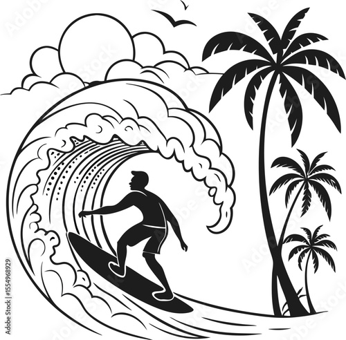 Abstract vector silhouette illustration of a surfer on the beach enjoying the summer sport activity in the sun, with people in the water and a blue sky