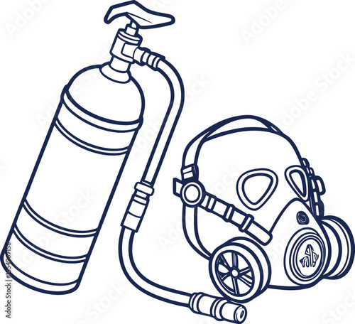 Blue cartoon fire extinguisher with water drops and a gas mask vector illustration