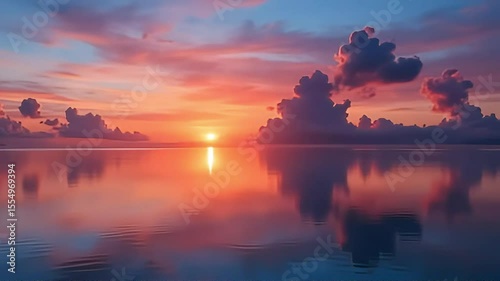 Beautiful orange sunset reflects in the calm ocean water, creating a peaceful and serene atmosphere at dusk.