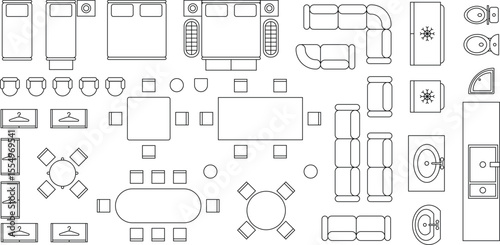 Furniture icon set, seat plan, floor plan icon set, interior design, living room, bathroom, sofa, bedchamber, architectural elements, blueprint, customizable stroke, vector, illustration