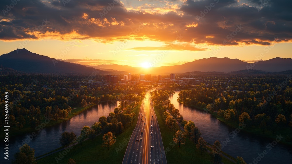 Fototapeta premium Scenic view of a long highway bridge crossing a river at sunset with mountains and forest in the background
