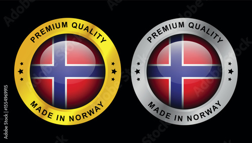 Premium quality made in Norway badge designs with national flag in gold and silver circular labels	
