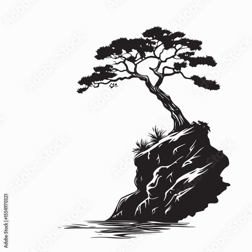 Solitary Pine Tree Silhouette on a Steep Cliff Facing the Vast Canyon Below
