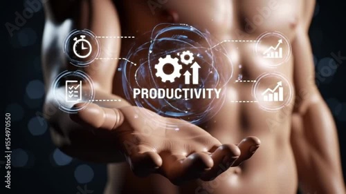 Productivity Boost Fitness Model Hand Displaying Growth Metrics and Task Management Icons