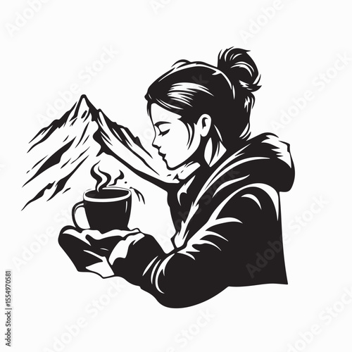Girl Holding Hot Beverage Cup Standing Peacefully Before the Majestic Mountain View