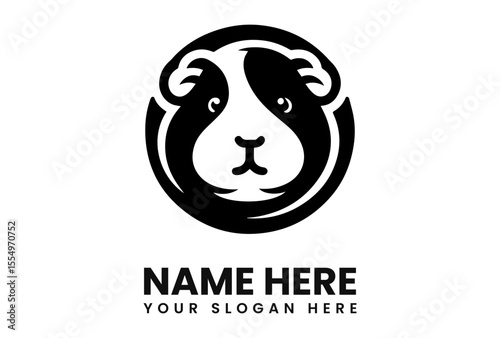 A stylized, black and white graphic of a guinea pig's face within a circular frame, with text below.