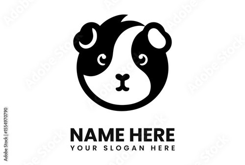 A stylized black and white logo featuring a cute, circular guinea pig design.