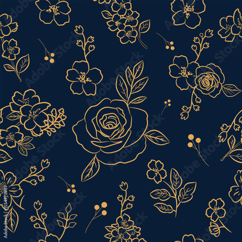 Seamless floral design featuring golden rose and flowers on navy blue background. ideal for branding, wrapping paper, and luxury stationery prints.