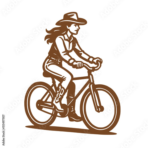 Cowgirl Riding Bicycle - Western Style Vector Illustration
