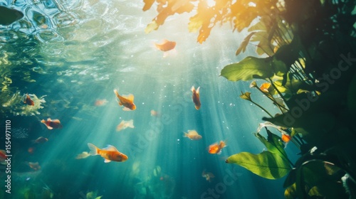 Underwater sunlight scene with tropical fish and plant silhouettes for aquatic nature photography and background design usage