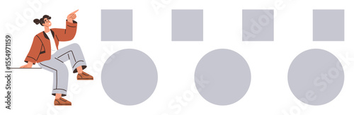 Casual woman gestures toward series of squares and circles, highlighting options and possible actions. Ideal for decision-making, comparison, choices, organization, focus, priorities