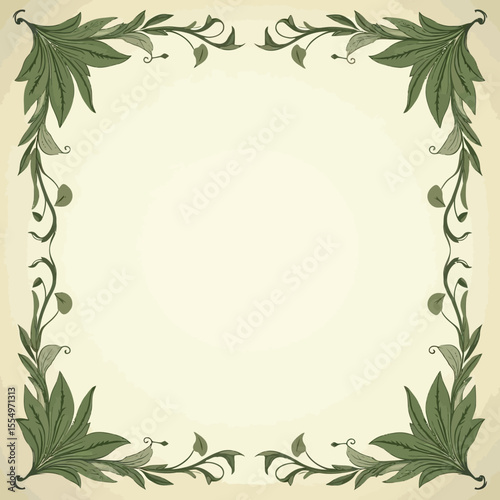 Square frame of green leaves and vines forming a decorative border with a cream-colored background.