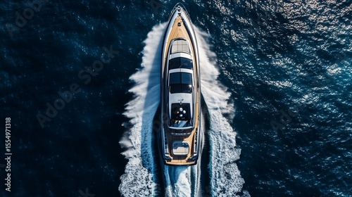 Aerial view of luxury yacht speeding through blue ocean waters creating white wake.