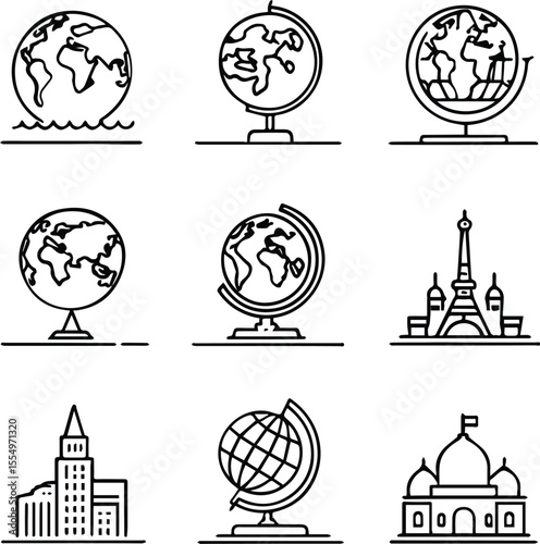Set of black world map icons with symbols of globe, nature, energy, recycling, and arrows