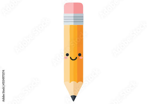 Cute smiling pencil with pink eraser on white background, minimalist design, copy space, concept image