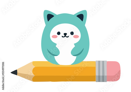 Cute cartoon animal sitting on yellow pencil with pink eraser on white background, minimalist design, concept image
