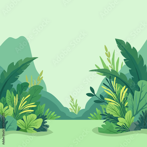 Lush green foliage fills a valley between softly shaded mountains in a serene landscape illustration.