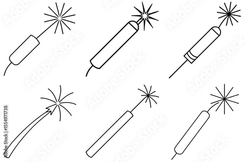 Collection of simple line art icons representing sparklers and fireworks