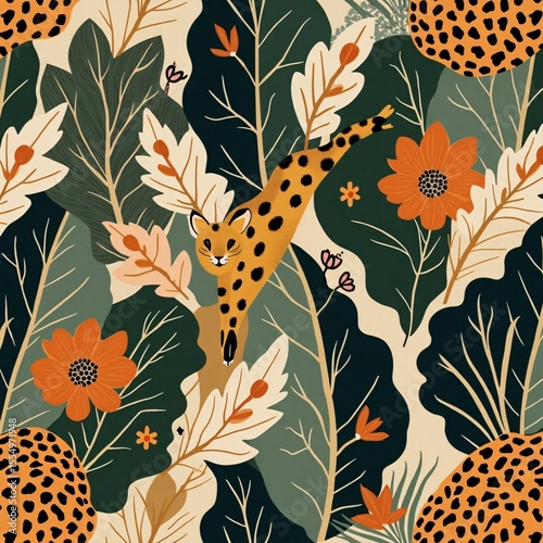 Illustration of a cheetah climbing through stylized jungle vegetation art