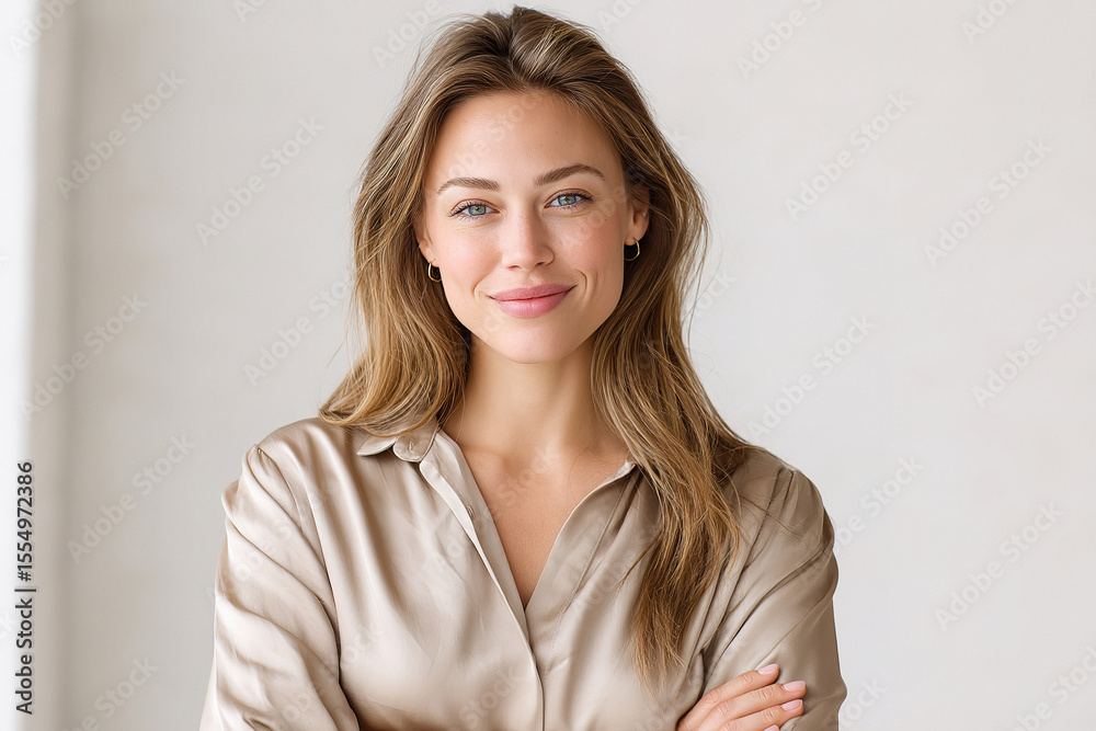 Fototapeta premium young beautiful woman standing with long brown hair on isolated background