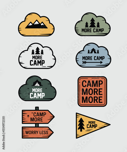 Set of camping adventure badges featuring clouds trees mountains and signboard designs