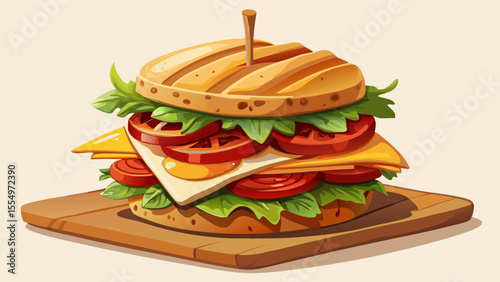 Grilled chicken breast, crispy bacon, lettuce, tomato, and a slice of cheddar stacked inside three layers of toasted white bread. A wooden skewer holds it all together. The textures—crunchy, soft, 