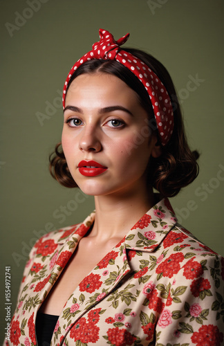 Model in color-block coat, geometric vibrant background portrait