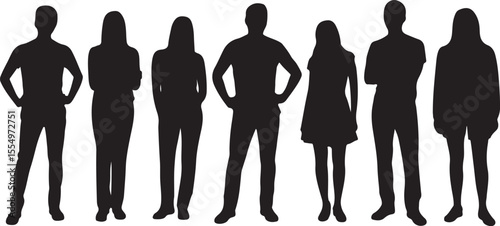 Vector silhouettes of men and a women, a group of standing business people, black color isolated on white background