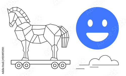 Geometric Trojan horse on wheels next to a blue happy emotion and clouds. Ideal for cybersecurity, emotion, online interaction, creativity, duality, innovation, simple landing page