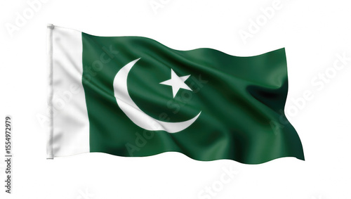 Green and white flag of Pakistan waving in the wind  