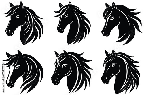 Collection of stylized black horse head silhouettes with flowing manes