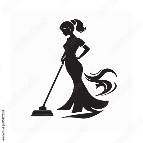 Efficient Maid Effortlessly Maneuvers Vacuum Cleaner silhouette vector.