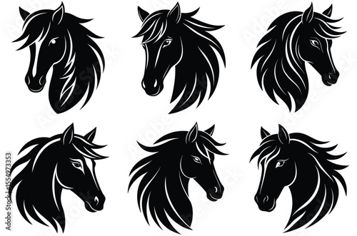 Six stylized black horse head silhouettes with flowing manes