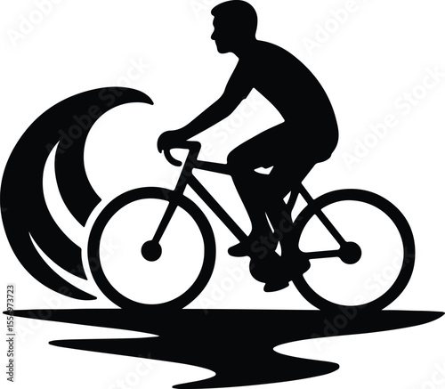 Silhouette biker riding bicycle wave stylized background Vector illustration
