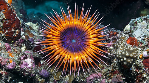 Sea urchin underwater photography orange and purple spikes marine life ocean wildlife reef ecosystem 100mm macro