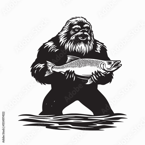 Wild Sasquatch Standing in River Holding a Salmon from His Catch Vector Illustration
