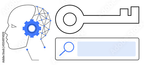 Human head with neural network, key, and search box indicating AI, innovation, and unlocking tools. Ideal for AI technology, cybersecurity, search engines, research accessibility problem-solving