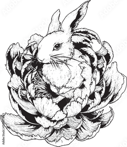 Grayscale vector illustration of a rabbit in a cabbage, suitable for cute children's story illustration or printing on a t-shirt.