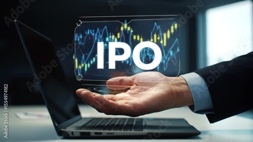 IPO Concept Businessmans Hand Holding IPO Stock Market Data with Rising Graph Animation