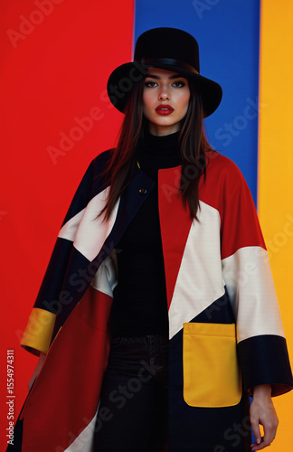 Model in color-block coat, geometric vibrant background portrait