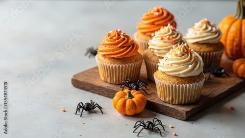  Halloween Cupcakes. A close-up shot of delicious cupcakes decorated for Halloween. Some are frosted with swirls of orange buttercream, while others boast a creamy vanilla frosting. 