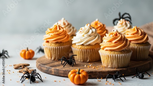  Halloween Cupcakes. A close-up shot of delicious cupcakes decorated for Halloween. Some are frosted with swirls of orange buttercream, while others boast a creamy vanilla frosting. 
