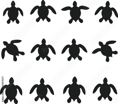 Collection of black sea turtle silhouettes in various positions and orientations