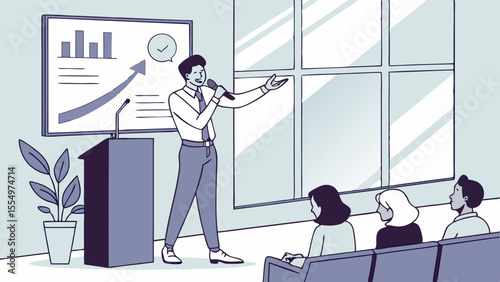 Man presenting business data with microphone to audience in room with window and graph on screen